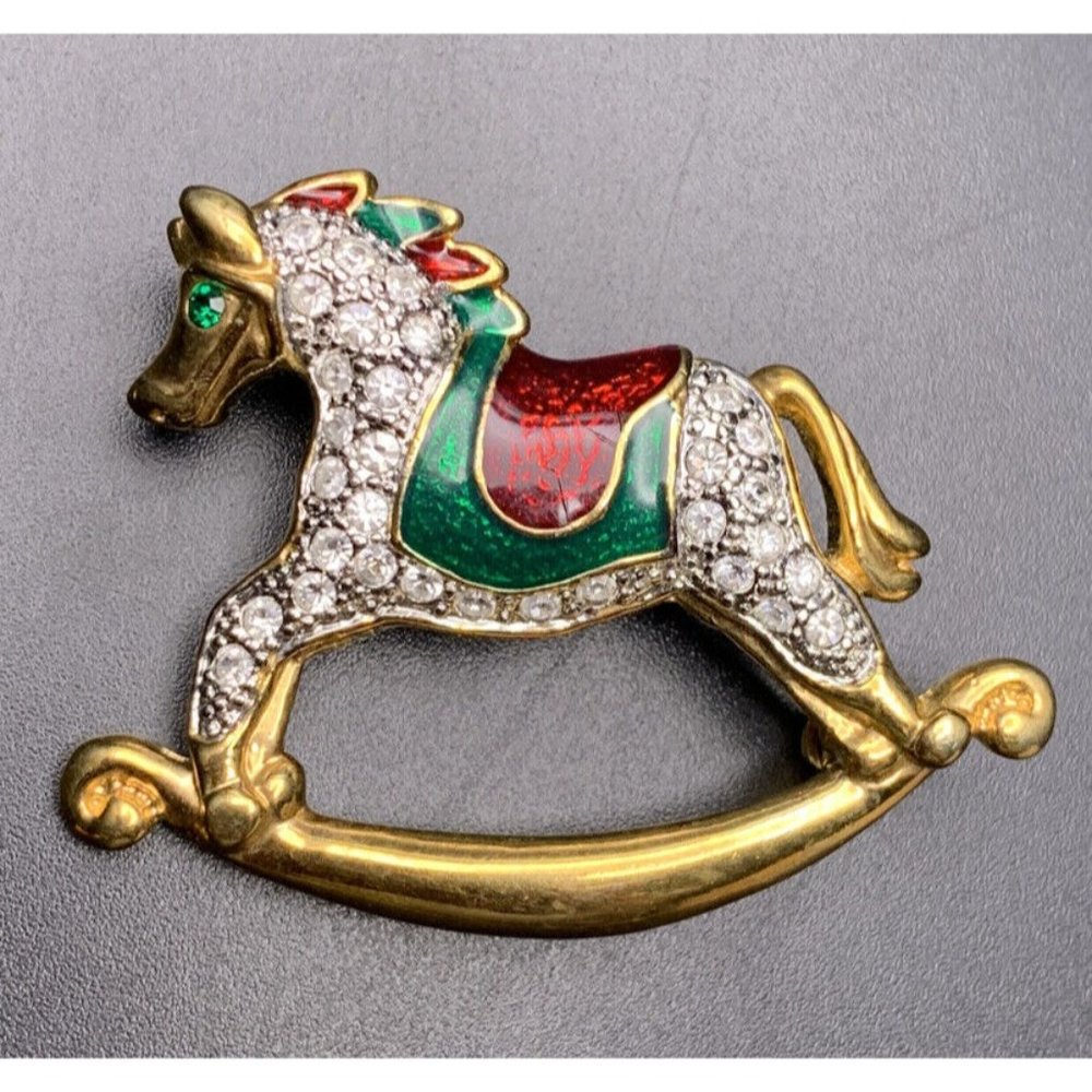 Roman Rocking Horse Brooch Pin Red Green Enamel Clear Rhinestone Vintage